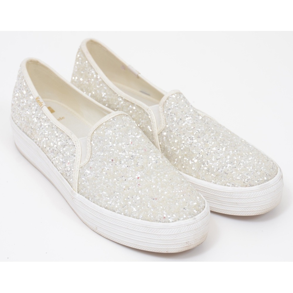 Keds x Kate Spade New York Size 11 White Glitter Triple Decker Glitter Slip On